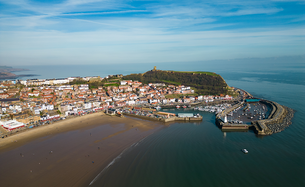 High level view of Scarborough south bay, Castle and harbour.